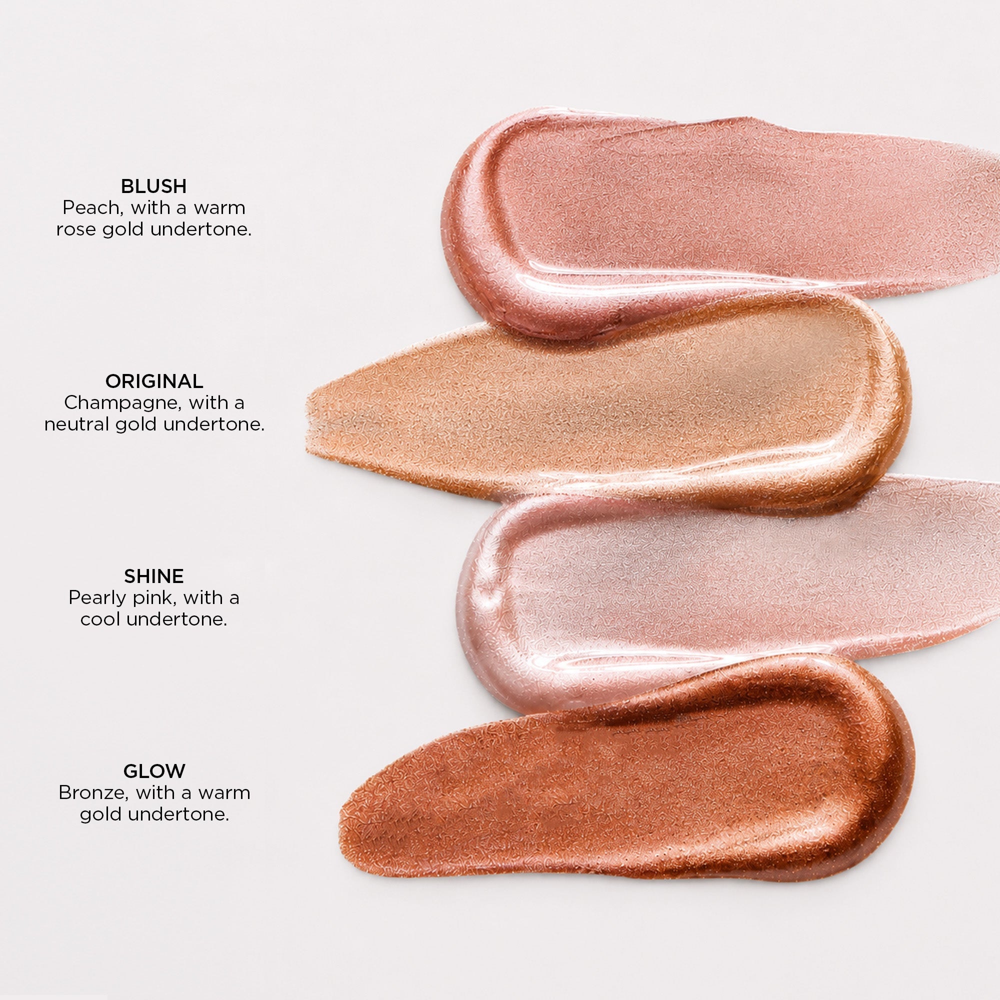 colour_ORIGINAL (Champagne Shimmer),colour_GLOW (Terracotta Bronze),colour_SHINE (Pink Pearl),colour_BLUSH (Peachy Rose Gold), | Iconic London Illuminator Liquid Highlighter Drops - Swatch Descriptions