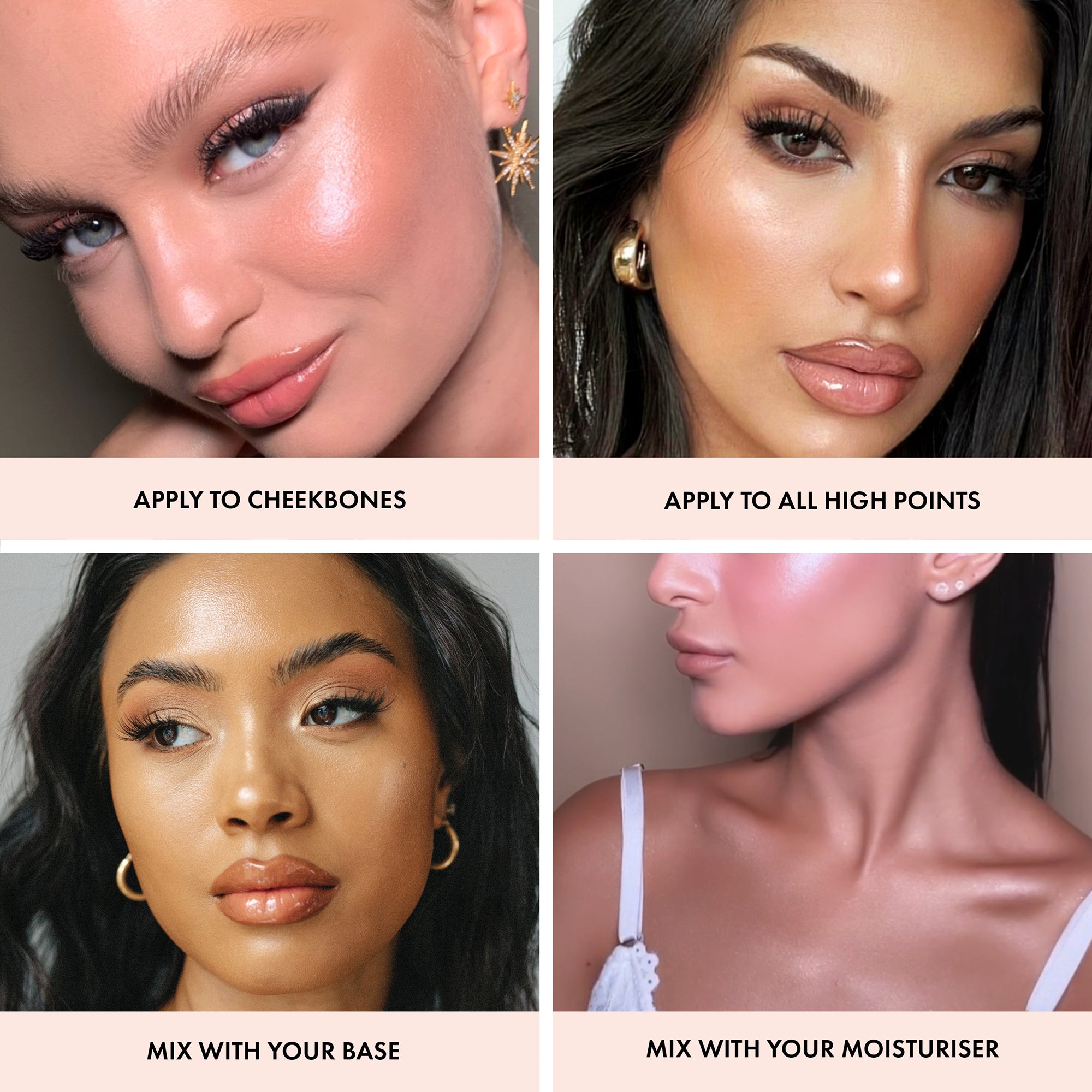 colour_Blush (Peachy Rose Gold), colour_Shine (Pink Pearl), colour_Glow (Terracotta Bronze), colour_Original (Champagne Shimmer)