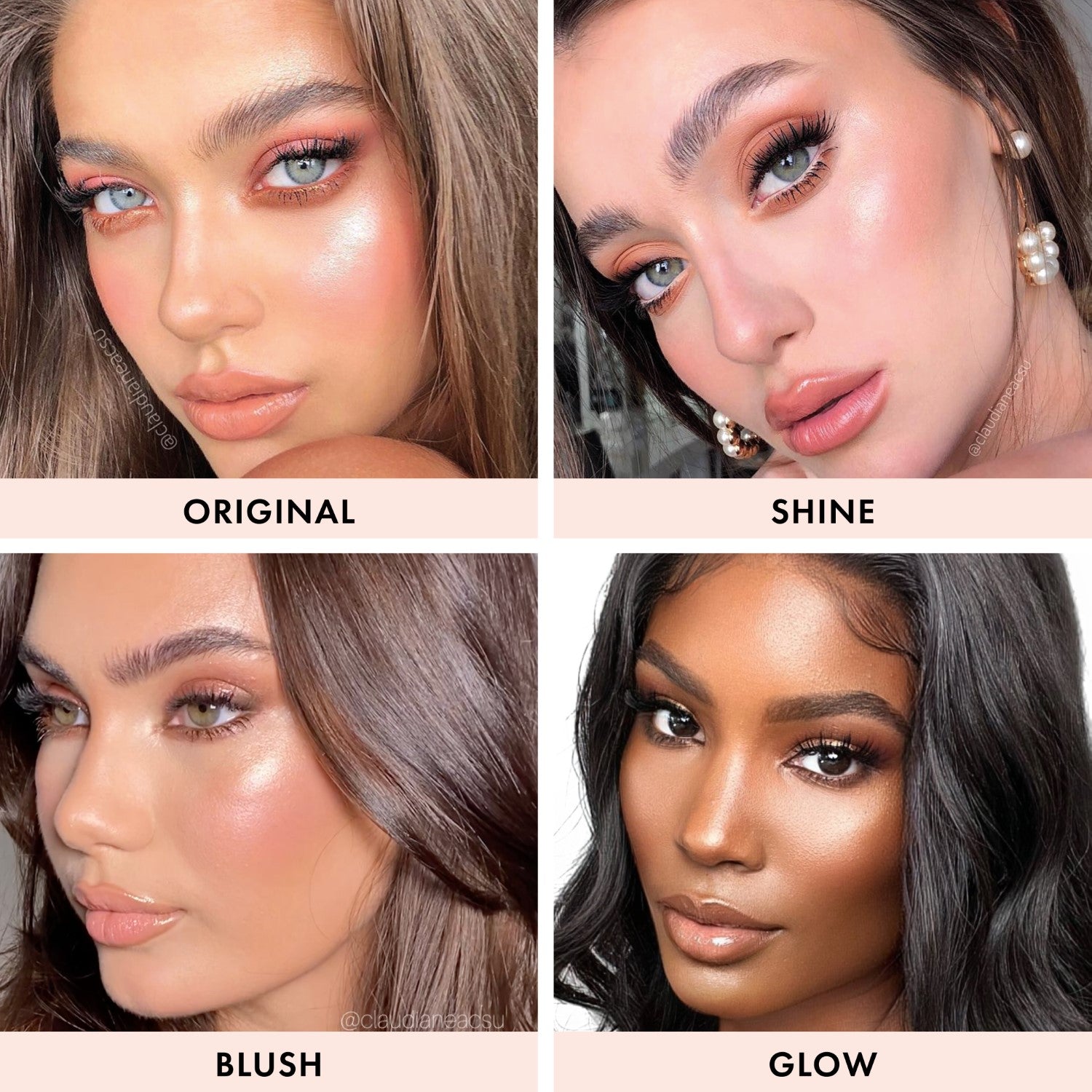colour_Blush (Peachy Rose Gold), colour_Shine (Pink Pearl), colour_Glow (Terracotta Bronze), colour_Original (Champagne Shimmer)